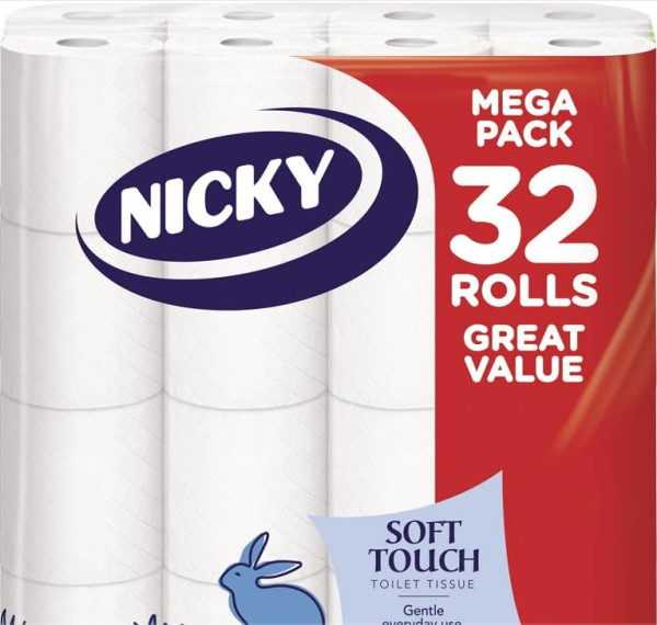 Nicky Soft Touch Toilet Tissue |Extra Value Pack – 32 Rolls of Extra Gentle White Toilet Paper |190 Sheets per Roll| 2-ply | Soft Tissue | Modern Embossing |Easy Opening | 100% FSC Certified Paper