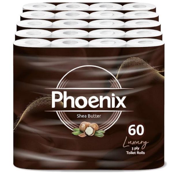 Phoenix Soft Shea Butter Fragranced Luxury Toilet Rolls Bulk Buy – Quilted White 3 Ply Toilet Paper (60 Pack)