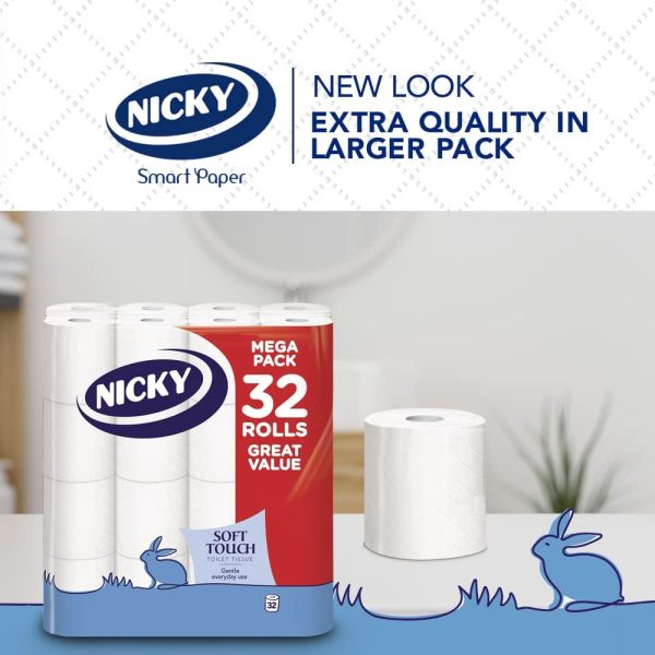Nicky Soft Touch Toilet Tissue |Extra Value Pack – 32 Rolls of Extra Gentle White Toilet Paper |190 Sheets per Roll| 2-ply | Soft Tissue | Modern Embossing |Easy Opening | 100% FSC Certified Paper - Image 2