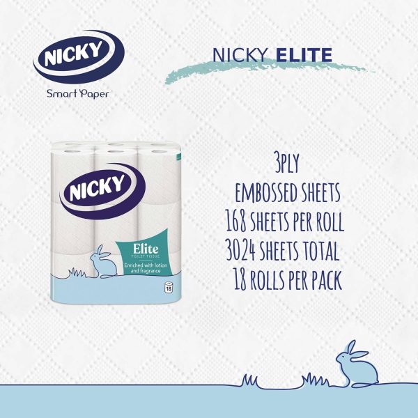 Nicky Elite Scented Toilet Tissue – 18 Rolls of White Toilet Paper, 3-ply, Talc Scent, Softness to the Skin, Enriched with Lotion, Extra Value Pack, 100% FSC Certified Paper - Image 2