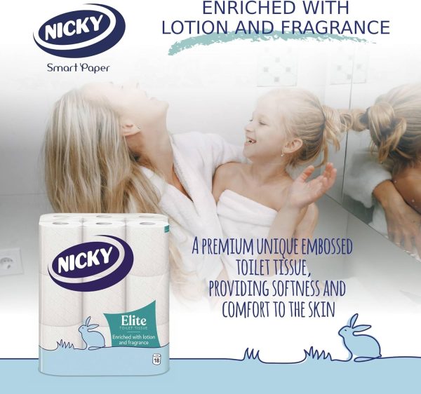 Nicky Elite Scented Toilet Tissue – 18 Rolls of White Toilet Paper, 3-ply, Talc Scent, Softness to the Skin, Enriched with Lotion, Extra Value Pack, 100% FSC Certified Paper - Image 3