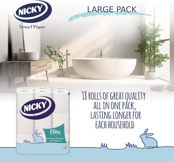 Nicky Elite Scented Toilet Tissue – 18 Rolls of White Toilet Paper, 3-ply, Talc Scent, Softness to the Skin, Enriched with Lotion, Extra Value Pack, 100% FSC Certified Paper - Image 4